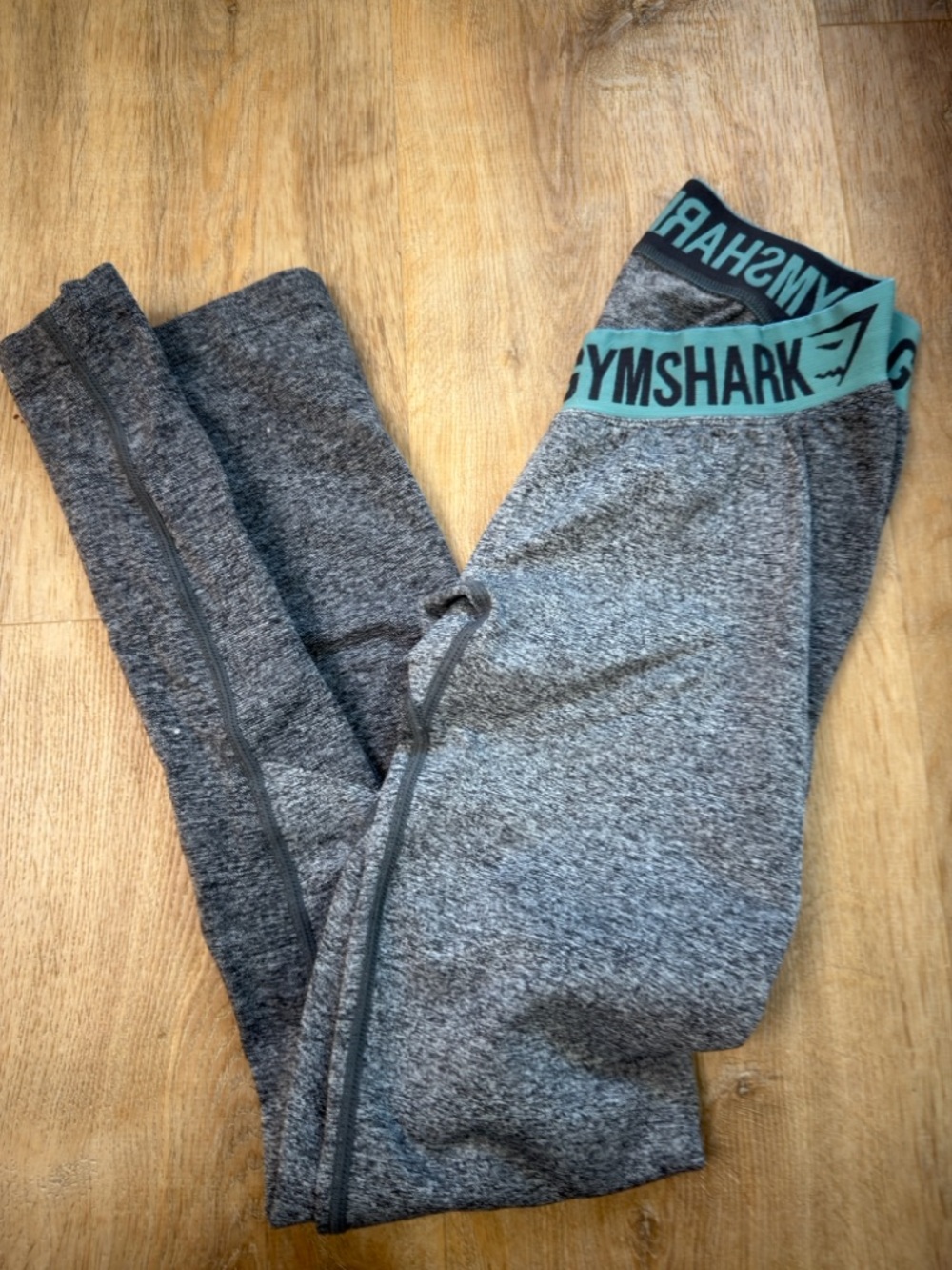 Gymshark Heather Gray Leggings with Teal Logo Waistband